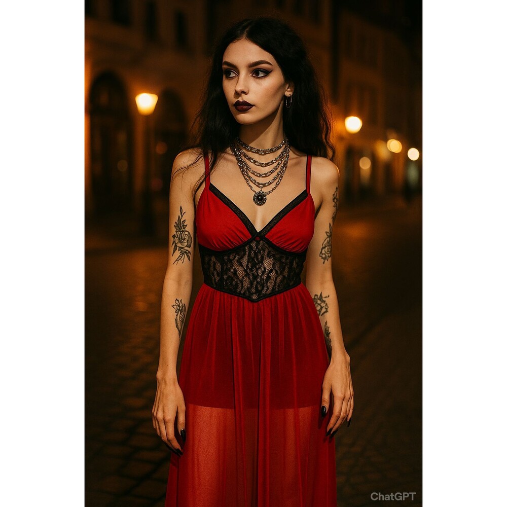 Vtg Whimsigoth Babydoll Dress Stroke Of Midnight Red Night Gown   Lace Maxi Med